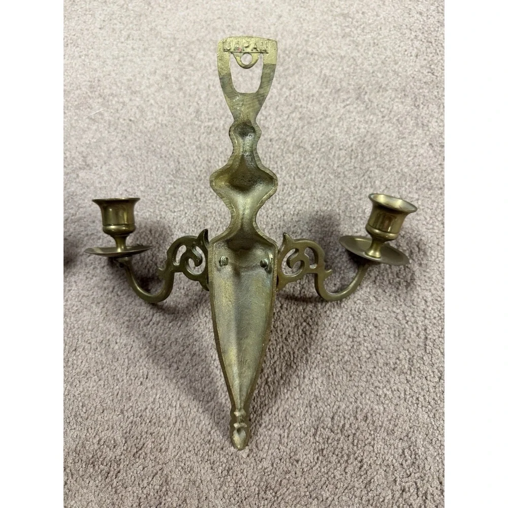Vintage Solid Brass 2 Arm Candle Holder Wall Mounted Sconce Candelabra 10